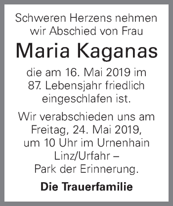 Traueranzeige von Maria Kaganas von OÖNachrichten
