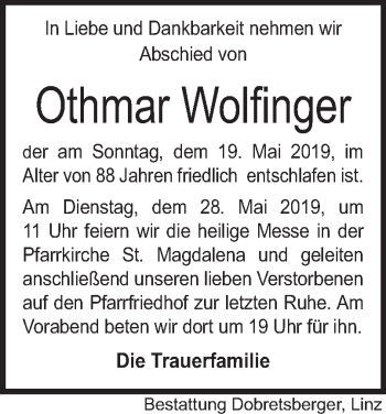 Traueranzeige von Othmar Wolfinger von OÖNachrichten