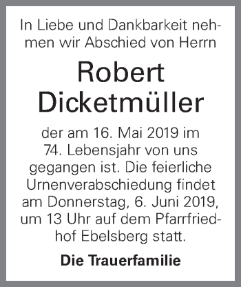 Traueranzeige von Robert Dicketmüller von OÖNachrichten