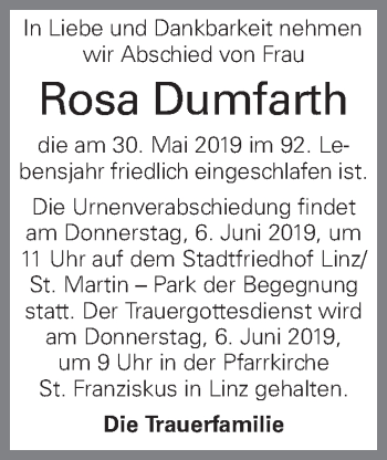 Traueranzeige von Rosa Dumfarth von OÖNachrichten