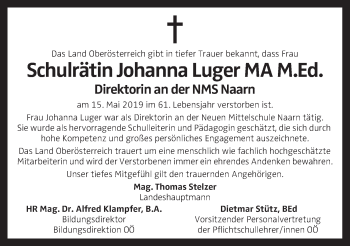 Traueranzeige von Schulrätin Johanna Luger von OÖNachrichten