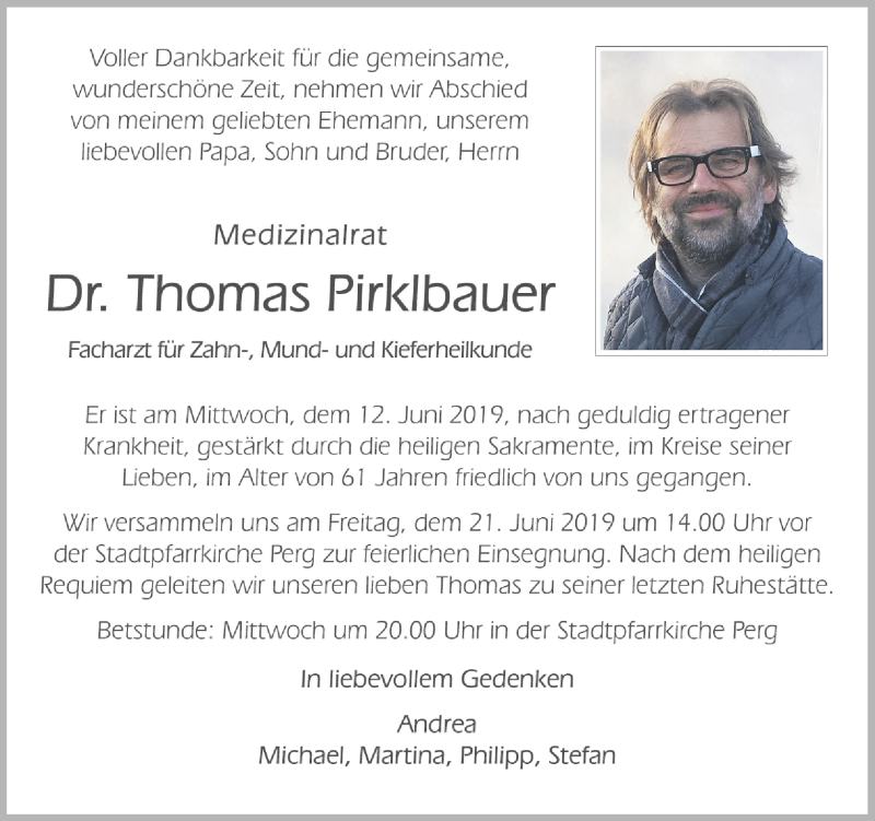  Traueranzeige für Thomas Pirklbauer vom 15.06.2019 aus OÖNachrichten