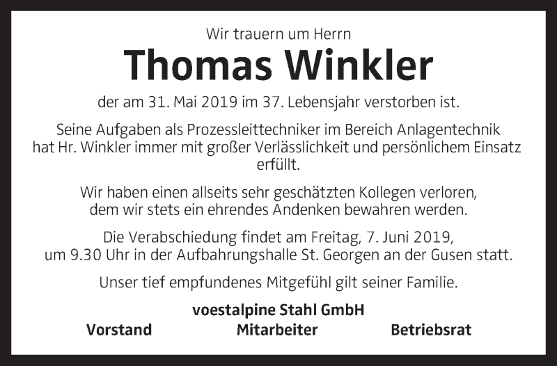  Traueranzeige für Thomas Winkler vom 06.06.2019 aus OÖNachrichten
