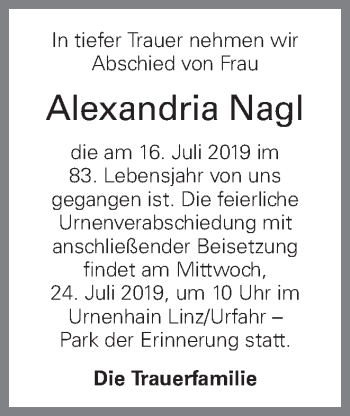Traueranzeige von Alexandria Nagl von OÖNachrichten