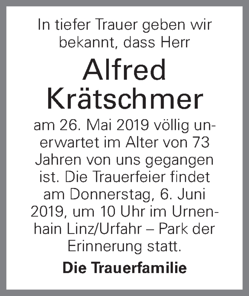  Traueranzeige für Alfred Krätschmer vom 03.07.2019 aus OÖNachrichten