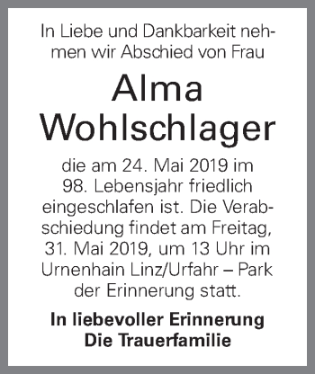Traueranzeige von Alma Wohlschlager von OÖNachrichten