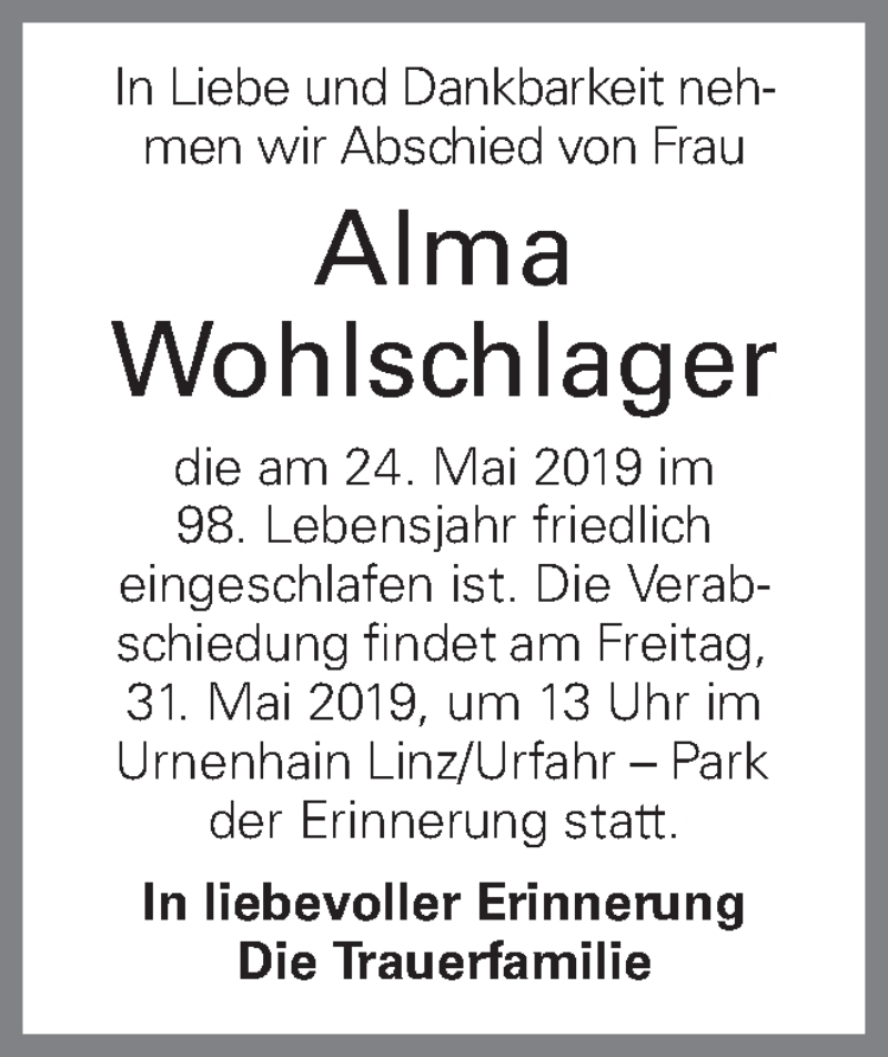  Traueranzeige für Alma Wohlschlager vom 17.07.2019 aus OÖNachrichten