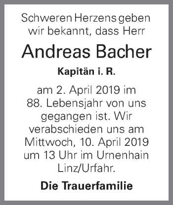 Traueranzeige von Andreas Bacher von OÖNachrichten