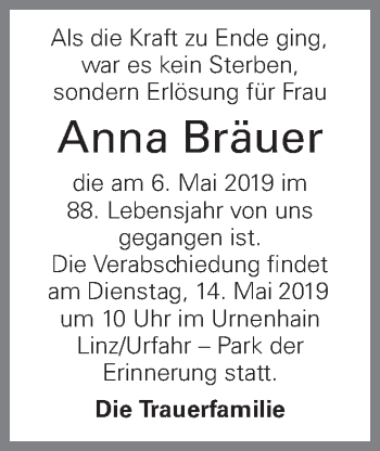 Traueranzeige von Anna Bräuer von OÖNachrichten