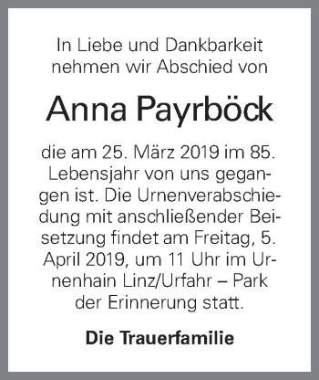 Traueranzeige von Anna Payrböck von OÖNachrichten