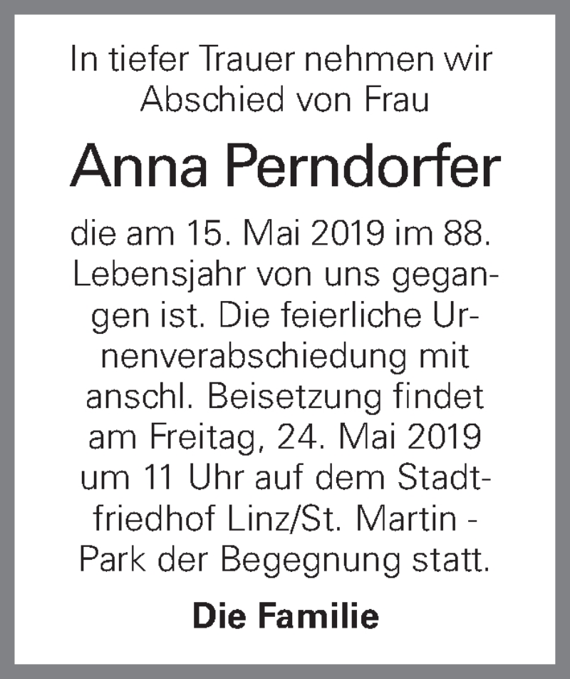  Traueranzeige für Anna Perndorfer vom 17.07.2019 aus OÖNachrichten