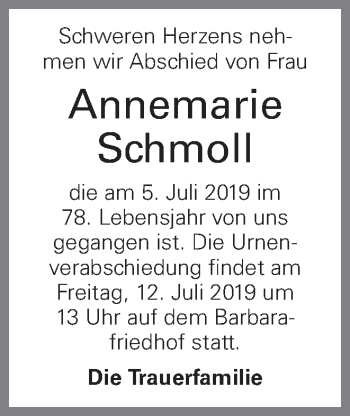 Traueranzeige von Annemarie Schmoll von OÖNachrichten
