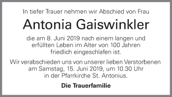 Traueranzeige von Antonia Gaiswinkler von OÖNachrichten