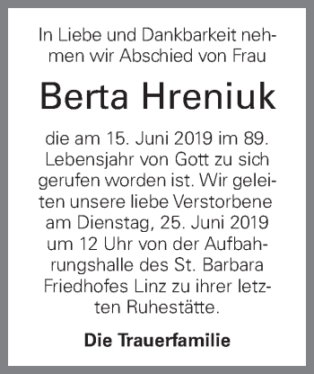 Traueranzeige von Berta Hreniuk von OÖNachrichten