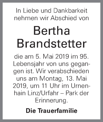 Traueranzeige von Bertha Brandstetter von OÖNachrichten