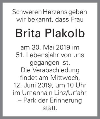 Traueranzeige von Brita Plakolb von OÖNachrichten