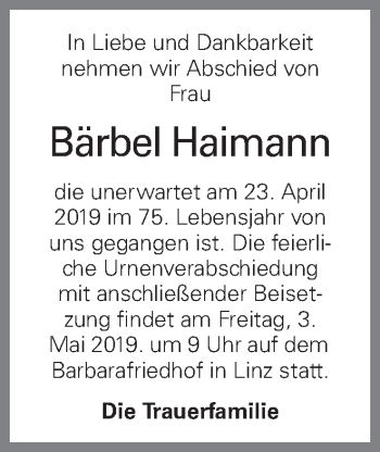 Traueranzeige von Bärbel Haimann von OÖNachrichten