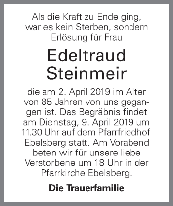 Traueranzeige von Edeltraud Steinmeir von OÖNachrichten