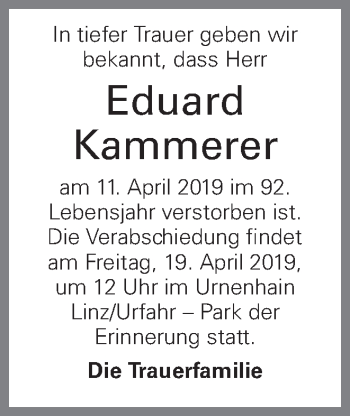 Traueranzeige von Eduard Kammerer von OÖNachrichten