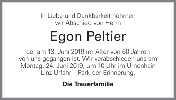 Traueranzeige von Egon Peltier von OÖNachrichten