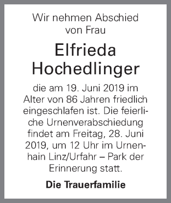 Traueranzeige von Elfrieda Hochedlinger von OÖNachrichten