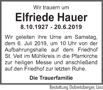 Traueranzeige von Elfriede Hauer von OÖNachrichten
