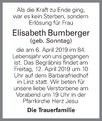 Traueranzeige von Elisabeth Bumberger von OÖNachrichten