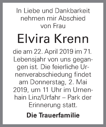 Traueranzeige von Elvira Krenn von OÖNachrichten
