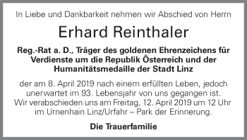 Traueranzeige von Erhard Reinthaler von OÖNachrichten