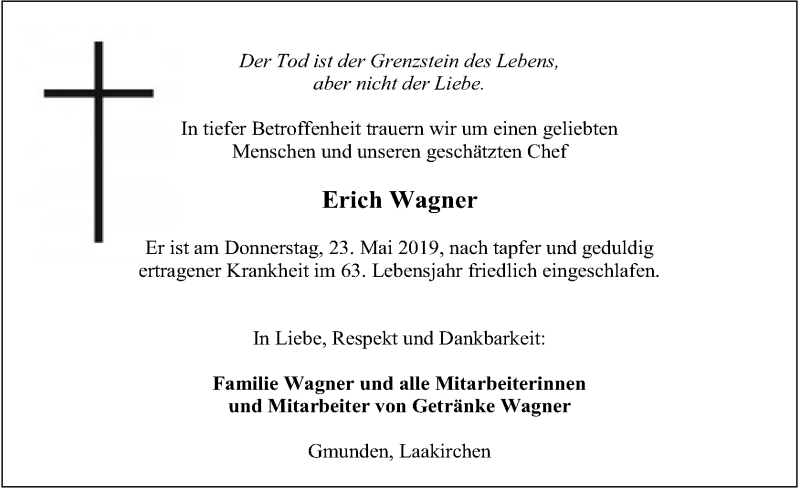  Traueranzeige für Erich Wagner vom 28.05.2019 aus OÖNachrichten