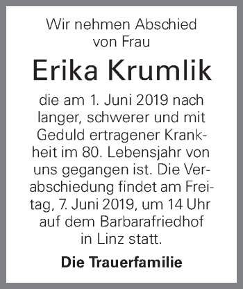 Traueranzeige von Erika Krumlik von OÖNachrichten