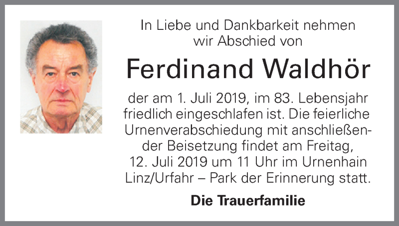  Traueranzeige für Ferdinand Waldhör vom 06.07.2019 aus OÖNachrichten