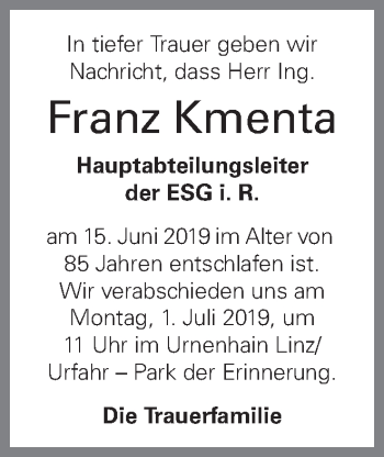 Traueranzeige von Franz Kmenta von OÖNachrichten
