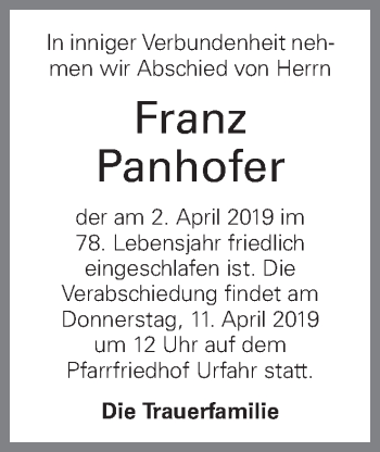 Traueranzeige von Franz Panhofer von OÖNachrichten