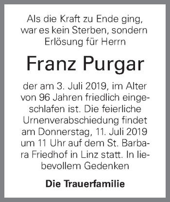 Traueranzeige von Franz Purgar von OÖNachrichten