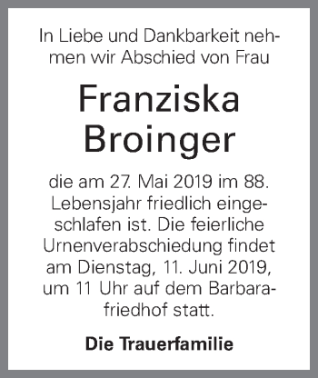 Traueranzeige von Franziska Broinger von OÖNachrichten