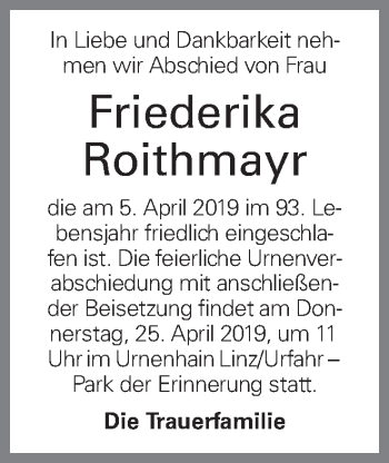 Traueranzeige von Friederika Roithmayr von OÖNachrichten