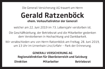 Traueranzeige von Gerald Ratzenböck von OÖNachrichten
