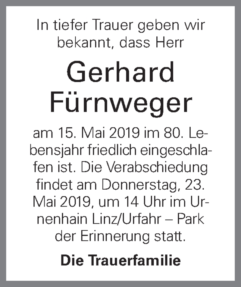  Traueranzeige für Gerhard Fürnweger vom 17.07.2019 aus OÖNachrichten