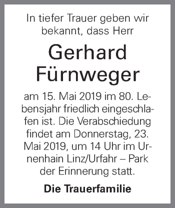 Traueranzeige von Gerhard Fürnweger von OÖNachrichten