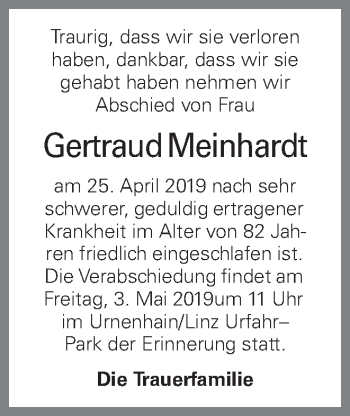 Traueranzeige von Gertraud Meinhardt von OÖNachrichten