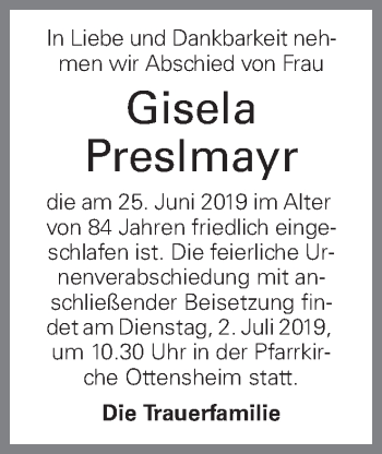 Traueranzeige von Gisela Preslmayr von OÖNachrichten