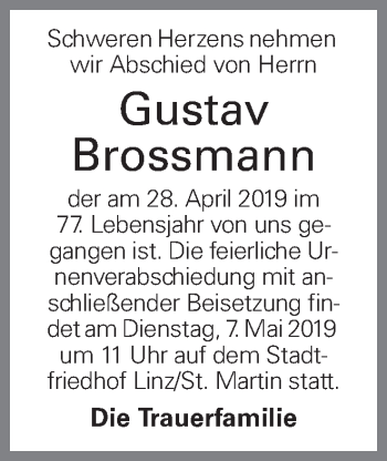 Traueranzeige von Gustav Brossmann von OÖNachrichten