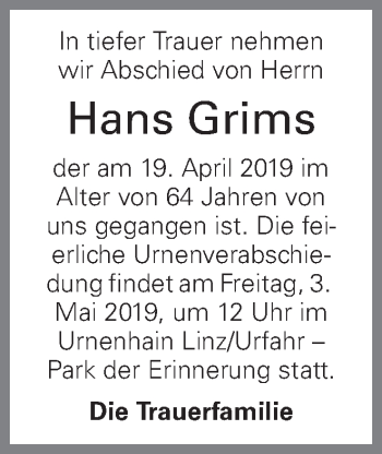 Traueranzeige von Hans Grims von OÖNachrichten
