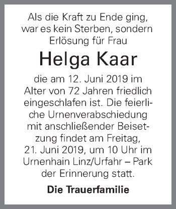 Traueranzeige von Helga Kaar von OÖNachrichten