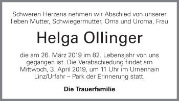 Traueranzeige von Helga Ollinger von OÖNachrichten