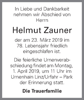 Traueranzeige von Helmut Zauner von OÖNachrichten