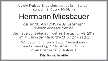 Traueranzeige von Hermann Miesbauer von OÖNachrichten