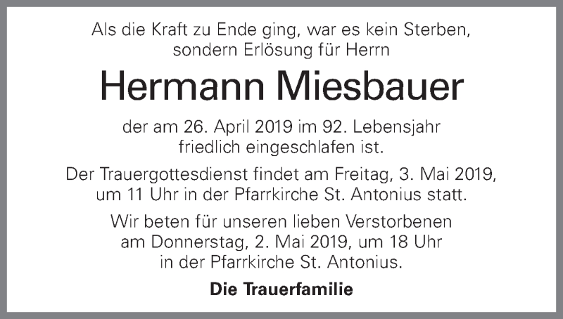  Traueranzeige für Hermann Miesbauer vom 02.05.2019 aus OÖNachrichten