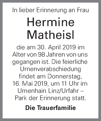 Traueranzeige von Hermine Matheisl von OÖNachrichten